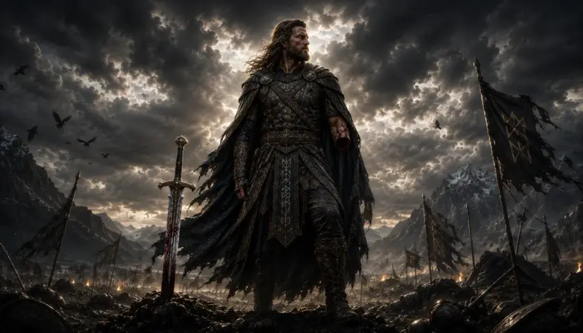 Tyr, dio della guerra, con la sua armatura scura e la spada insanguinata, domina un campo di battaglia desolato sotto un cielo tempestoso.