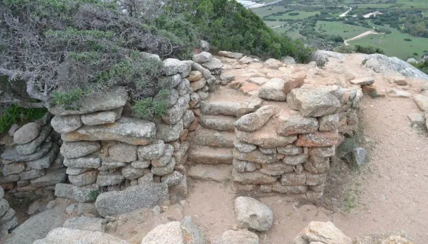 Antiche pietre del nuraghe Cabu Abbas, con gradini in pietra e vegetazione mediterranea.