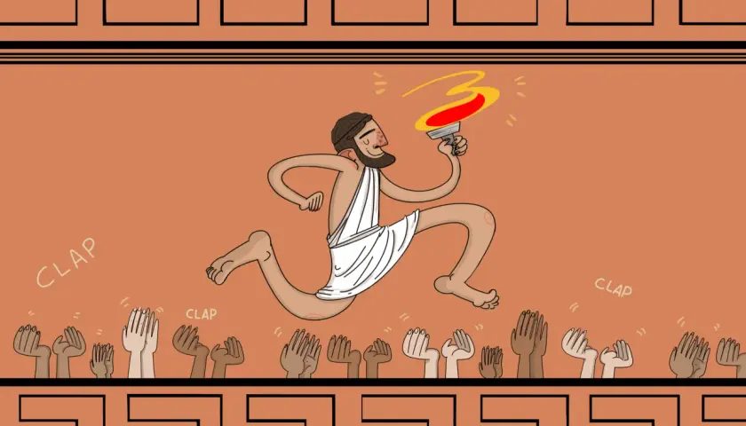 Il mito di Prometeo e il fuoco: un uomo corre con una torcia accesa, acclamato da mani che applaudono.