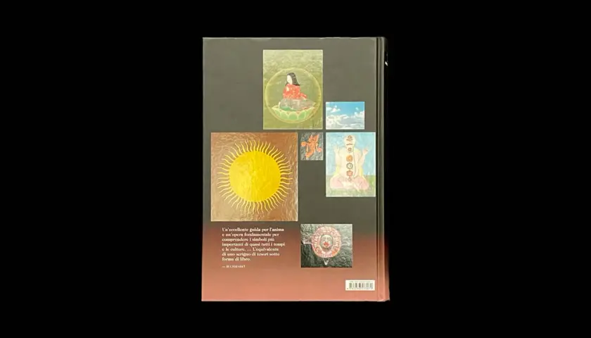 Copertina di libro con immagini di simboli spirituali, tra cui un sole radioso e figure meditative, che evocano un immaginario significato.