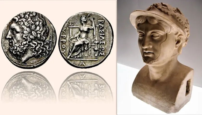 Busto in marmo di Alessandro d'Epiro con monete antiche raffiguranti il suo profilo e una figura seduta.