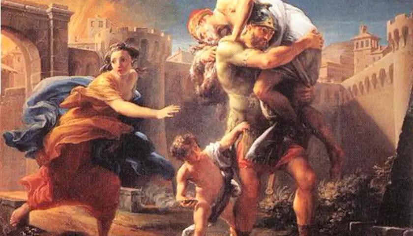 Enea, principe troiano che tradì la patria, fugge da Troia in fiamme portando il padre Anchise e il figlio Ascanio, mentre Creusa lo segue.