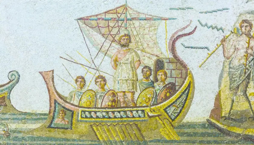 Ulisse, re di Itaca, con i suoi compagni su una nave, affronta un'onda. A destra, una figura con una tromba.