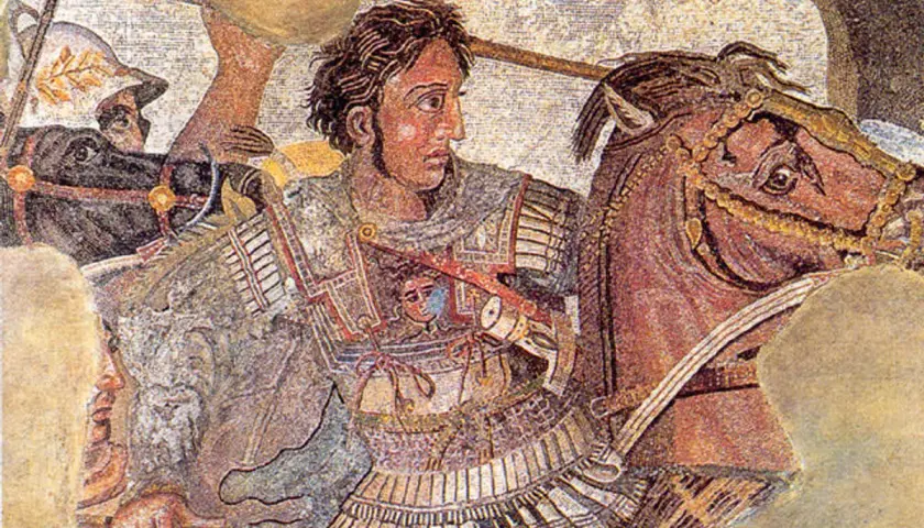 Mosaico raffigurante Alessandro Magno a cavallo, un'icona della Macedonia ai tempi di Alessandro Magno, in battaglia.