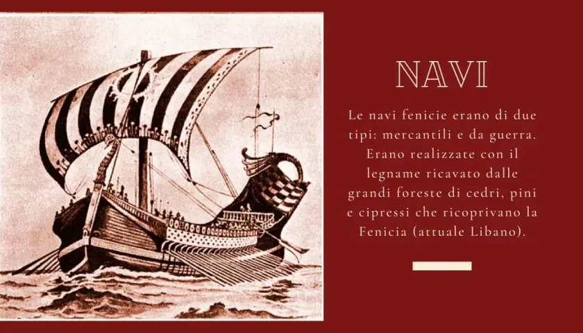 Illustrazione di una nave fenicia, simbolo dell'organizzazione sociale e commerciale dei Fenici, con vele a strisce e remi.