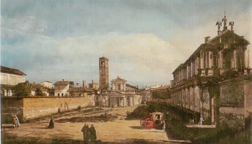 Veduta di San Paolo Converso a Milano, con la chiesa, il campanile e una carrozza d'epoca.