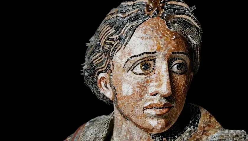 Mosaico di Alessandro Magno, con uno sguardo intenso negli occhi che sembrano scrutare l'orizzonte.
