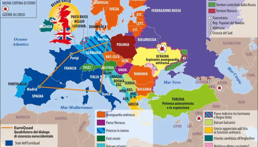 Mappa Europa: la "nuova cortina di ferro" e le faglie geopolitiche. Il revanscismo significato si riflette nelle aree di influenza.