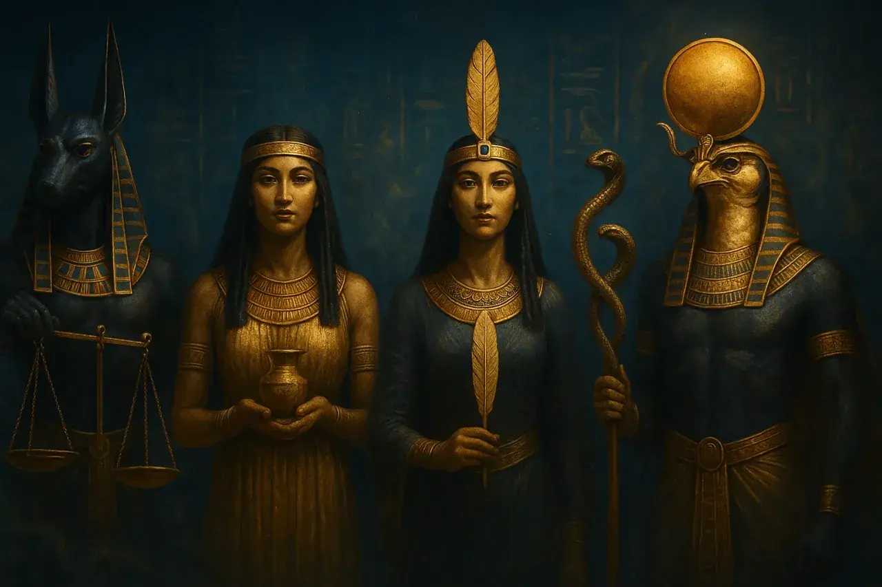 Figure divine: Anubi con bilancia, due dee egizie con vasi e piume, e Ra con serpente.
