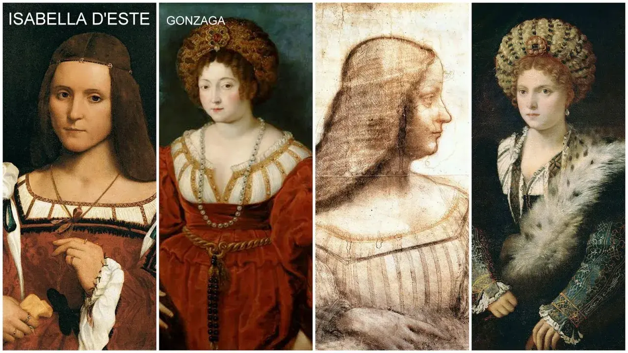 Quattro ritratti di Isabella Maria d'Este, una nobildonna rinascimentale, mostrano la sua eleganza in diverse pose e abiti.