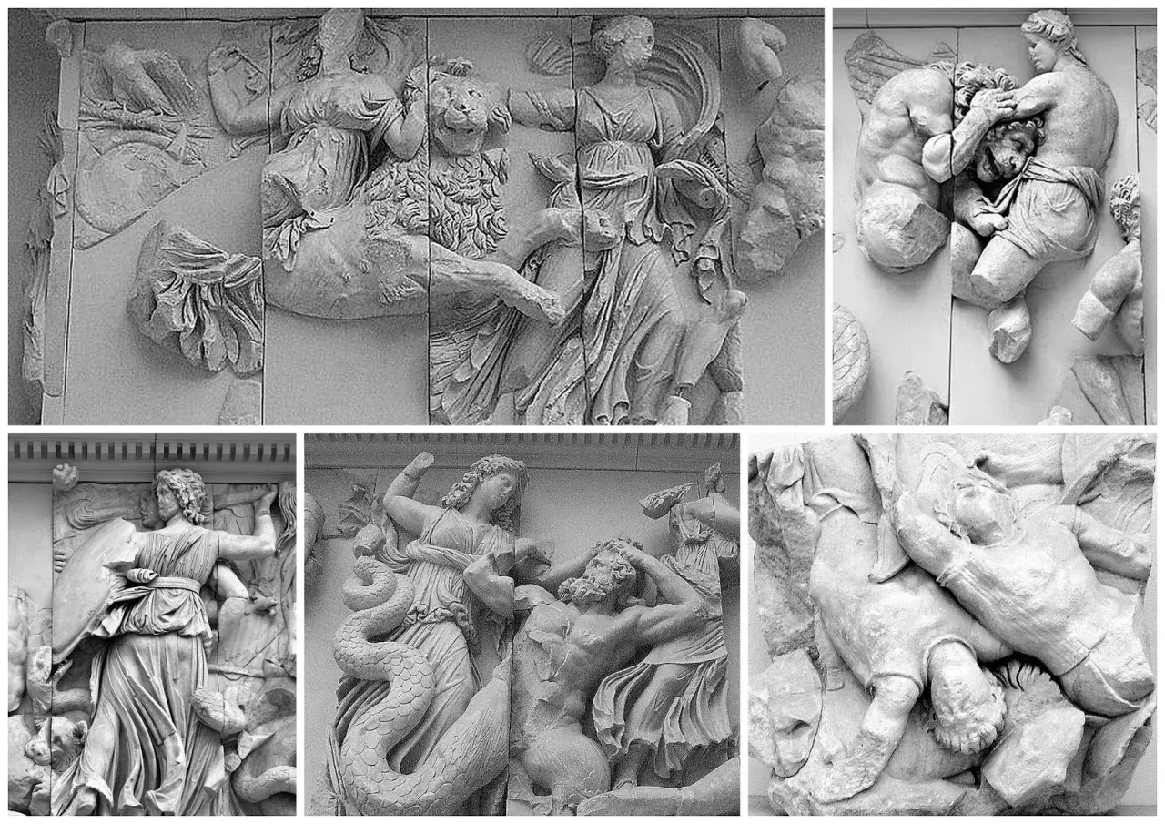 Dettagli del fregio dell'altare di Pergamo: divinità e giganti in lotta.