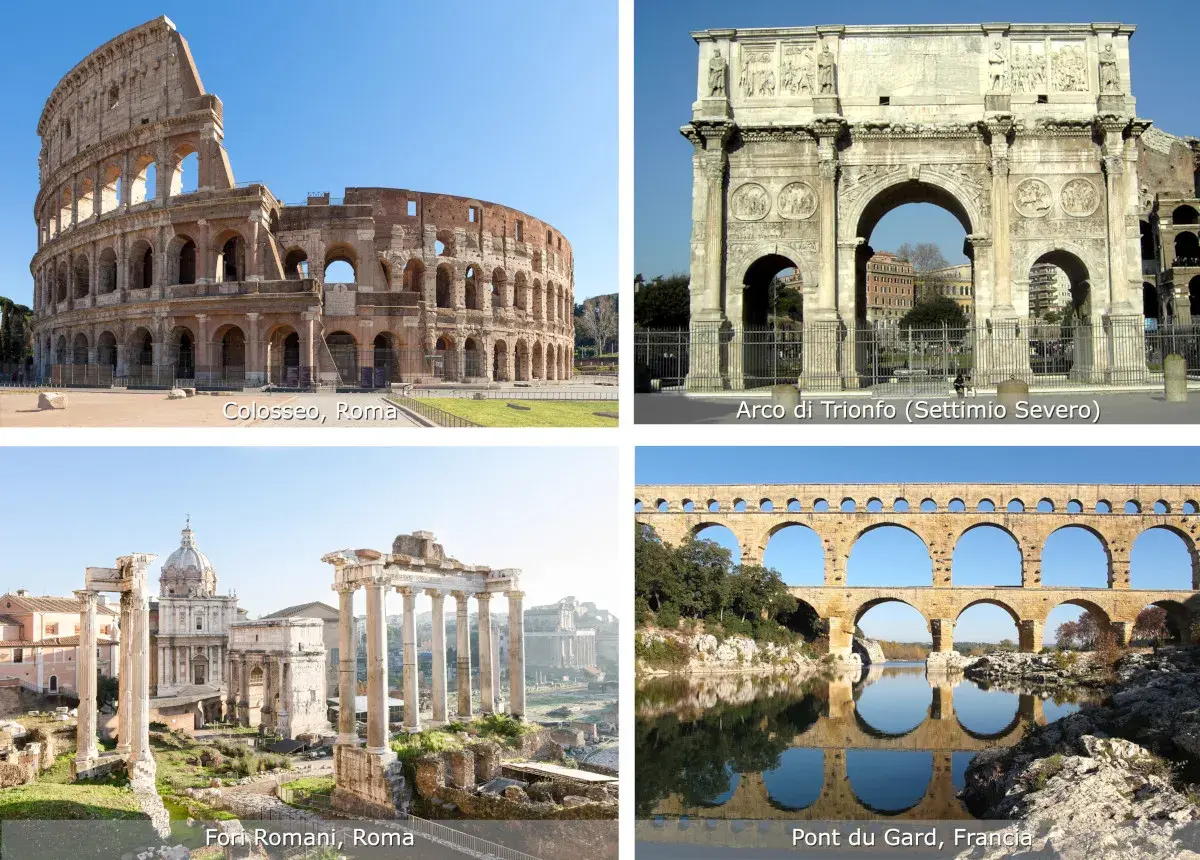Colosseo, Arco di Trionfo e Fori Romani a Roma, con il Pont du Gard in Francia. Maestosi archi romani che sfidano il tempo.