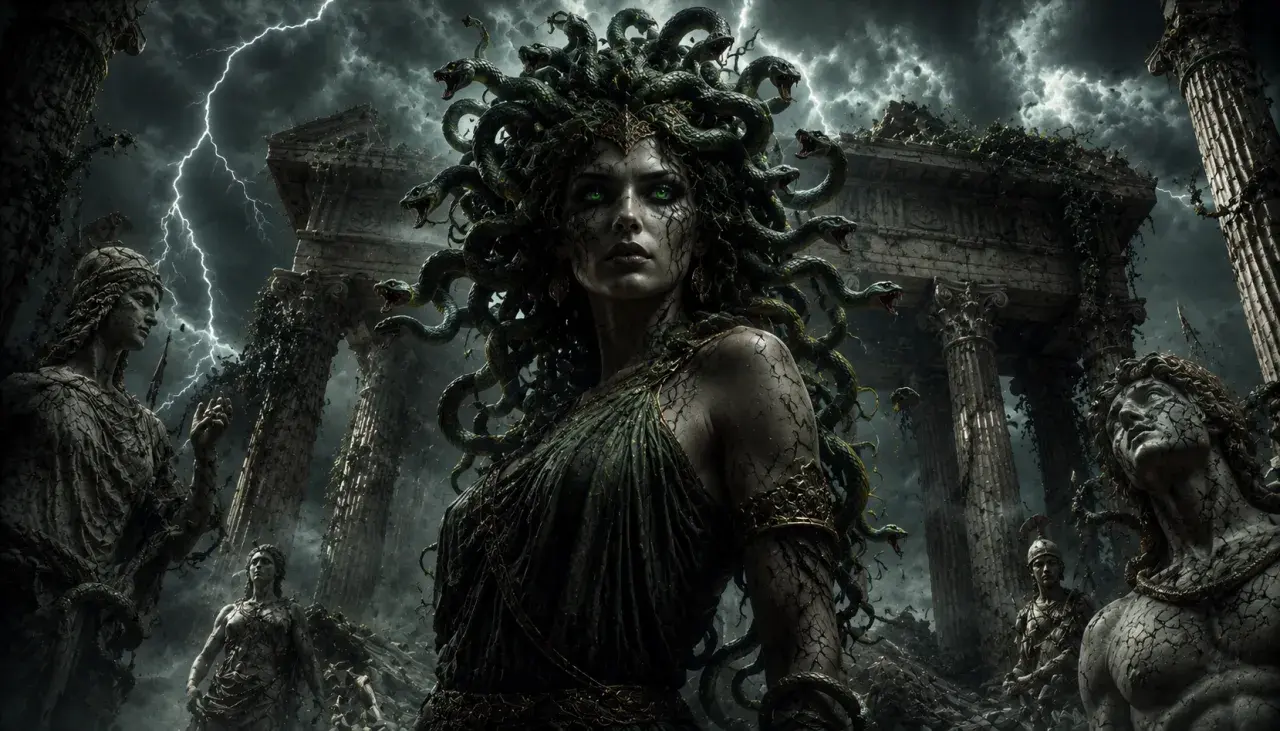 Medusa, figura della mitologia greca, con capelli di serpenti e sguardo che pietrifica, domina rovine antiche sotto un cielo tempestoso.