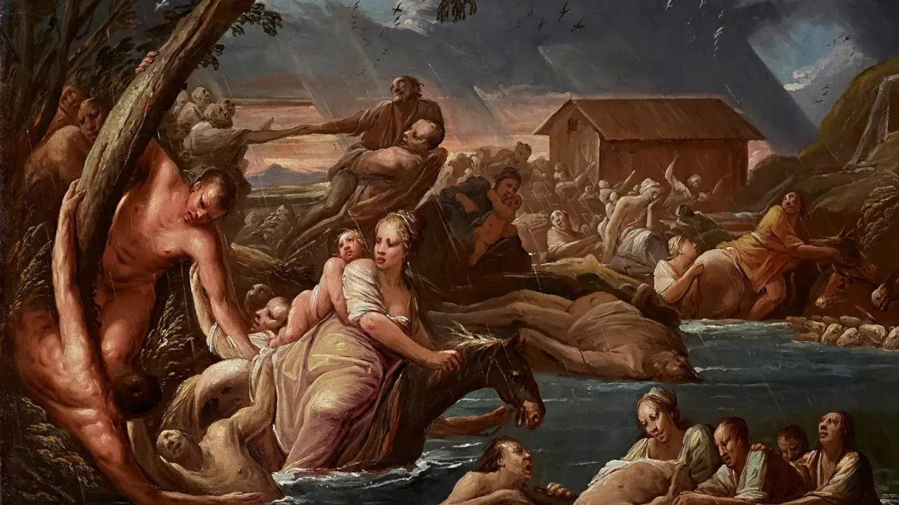 Scene drammatica di gente che lotta contro le acque in tempesta, un'arca in lontananza. Un'evocazione dei miti del diluvio.