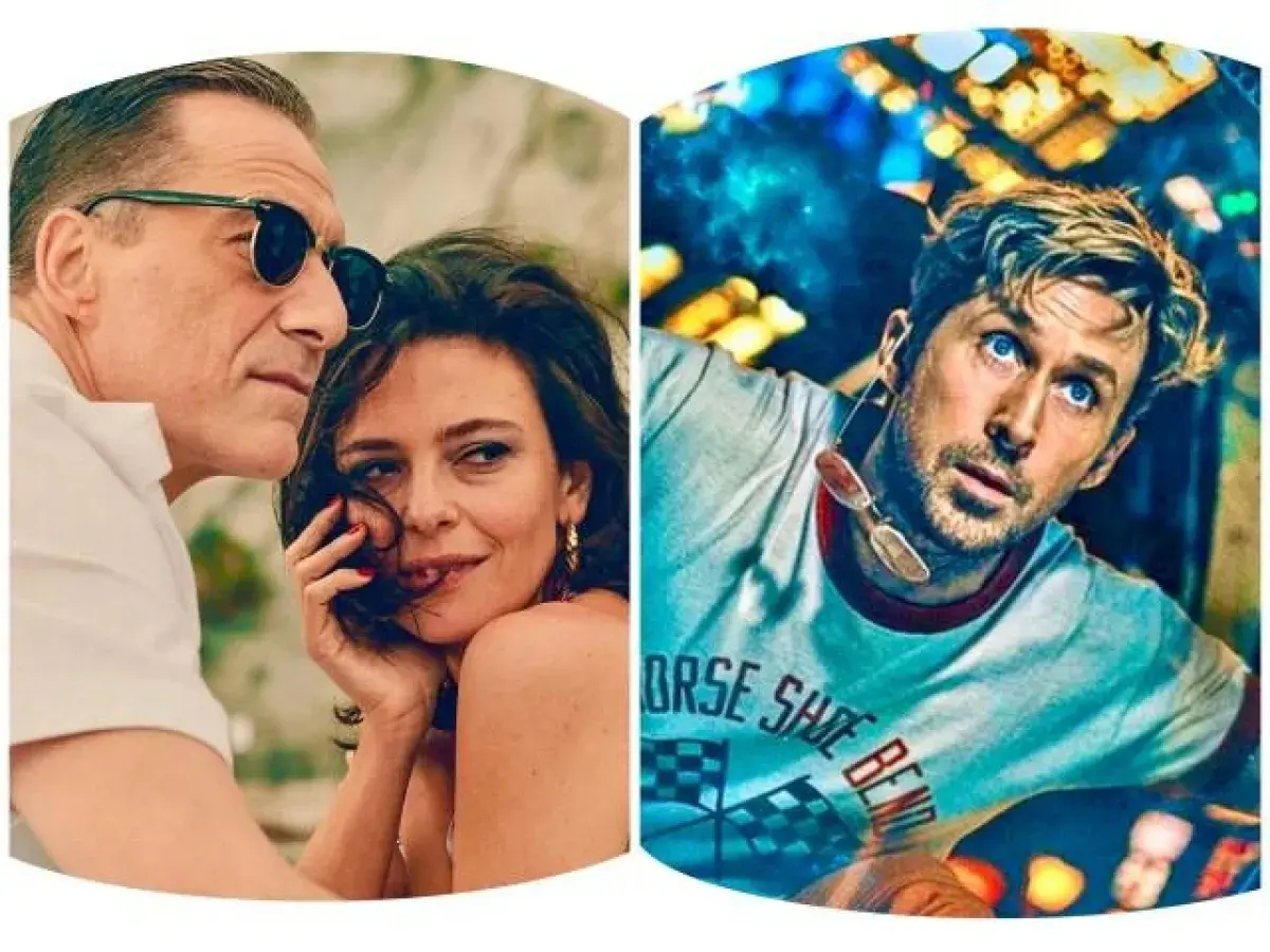 Coppia seducente e uomo con sguardo mefistofelico in un collage di immagini.