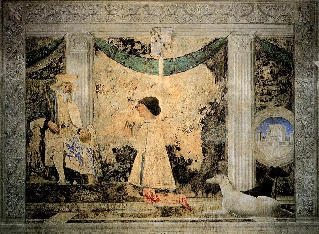 Affresco del Tempio Malatestiano, opera di Leon Battista Alberti, con un anziano barbuto e un giovane in preghiera, accompagnati da cani.