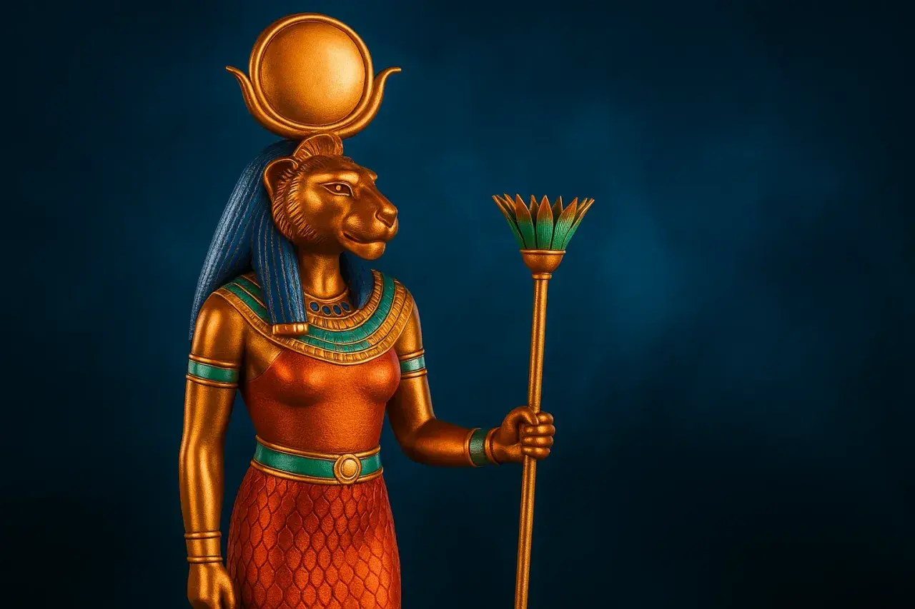 Statua dorata di Sekhmet, dio dell'amore egizio, con testa di leone, disco solare e scettro di loto.