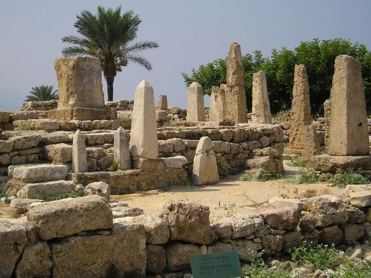 Antiche rovine con obelischi e una palma, testimonianza dei popoli del mare.