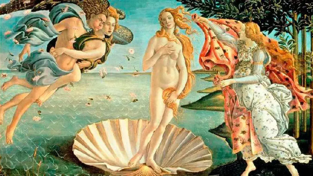 La dea della seduzione, Venere, emerge dal mare su una conchiglia, accolta da Zefiro e Aura, mentre una ninfa attende per coprirla.