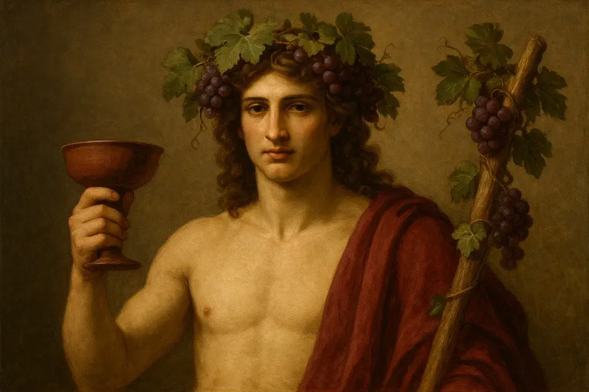 Dioniso, chi era? Il dio del vino, con corona d'uva e coppa in mano, avvolto in un drappo rosso.