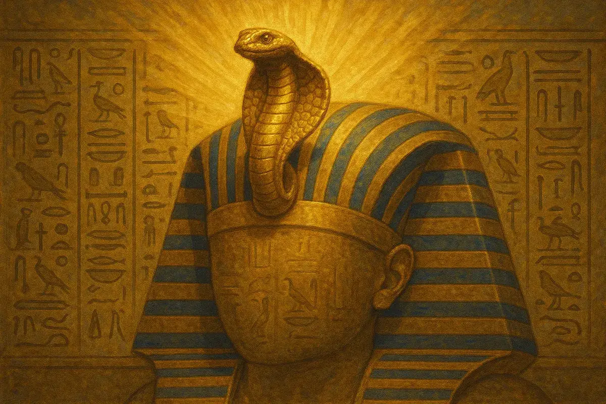 L'ascesa della divinità dei serpenti: un faraone dorato con cobra Uraeus e geroglifici sacri.