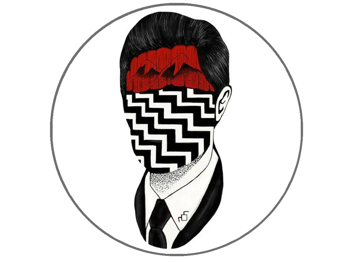 Volto stilizzato con montagne rosse e pattern a zig-zag, che evoca i **twin peaks simboli**.