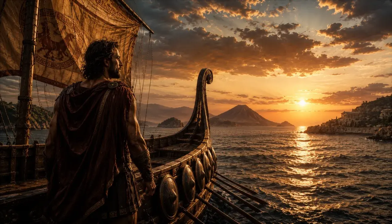 Un guerriero greco su una nave guarda il tramonto, forse pensando a quando è nato Ulisse e alle sue future avventure.