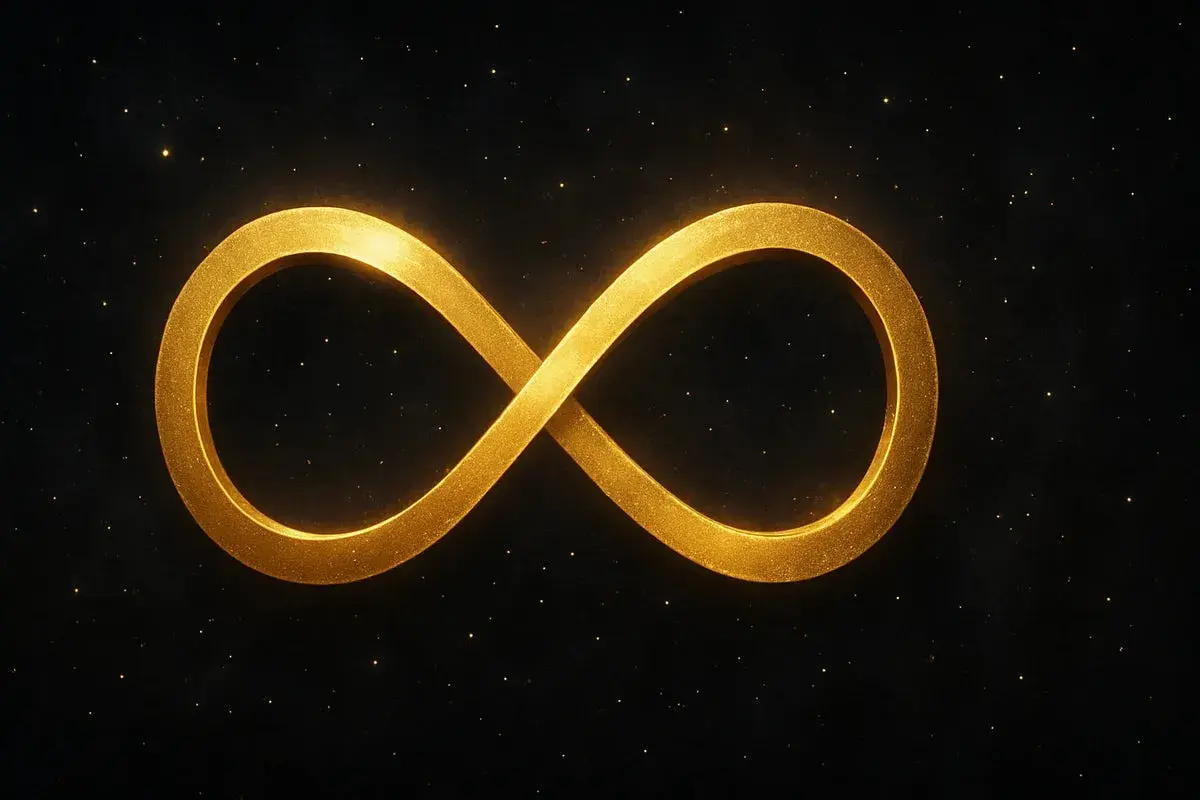 Simbolo dell'infinito significato: un nastro dorato che fluttua su uno sfondo stellato, evocando eternità e connessione.