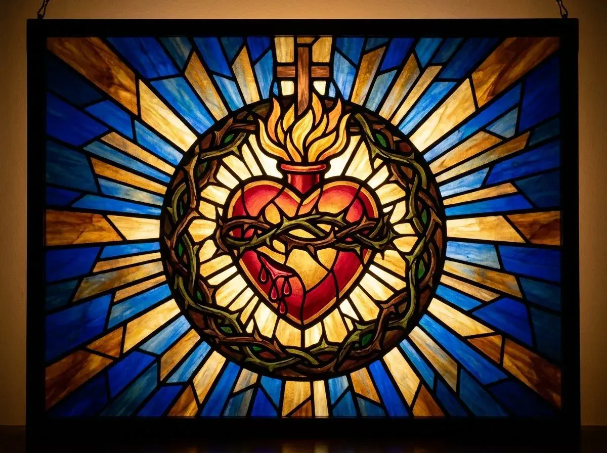 Vetrate colorate con il Sacro Cuore, simbolo di amore divino e rinascita, con un significato esoterico profondo.
