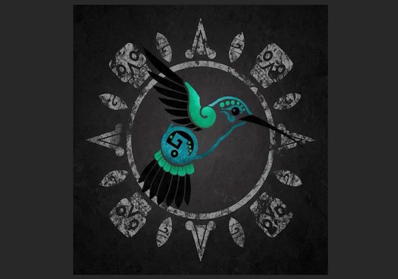 Colibrì stilizzato con decorazioni azteche, simbolo di rinascita e messaggero divino nella simbologia Maya.