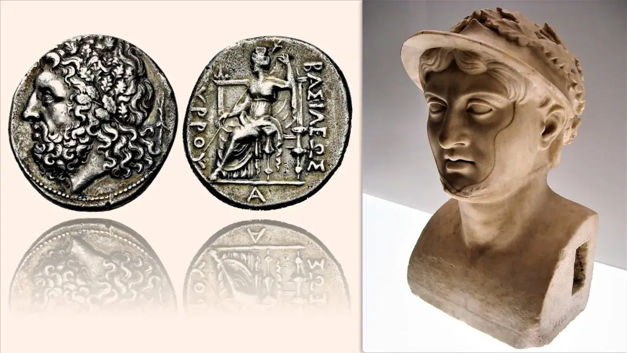 Busto in marmo di Alessandro d'Epiro con monete antiche raffiguranti il suo profilo e una figura seduta.