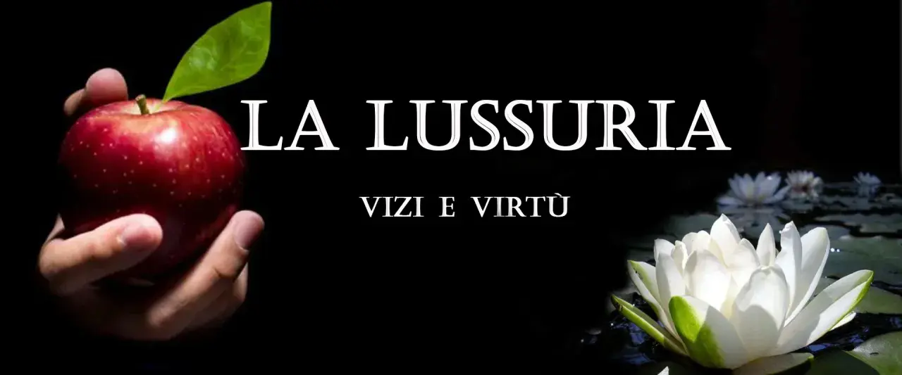 Mano che offre una mela rossa, simbolo del lussuria significato. Fiori di loto sullo sfondo.