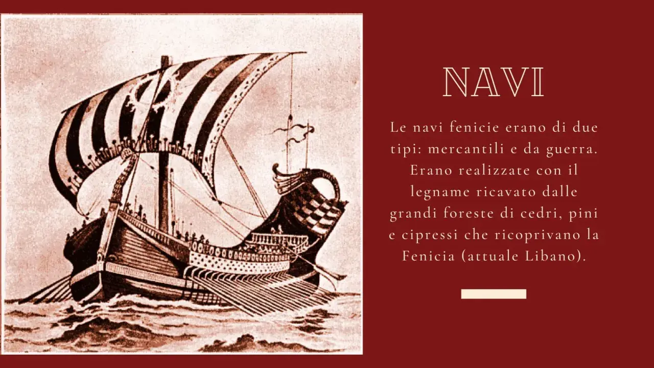 Illustrazione di una nave fenicia, simbolo dell'organizzazione sociale e commerciale dei Fenici, con vele a strisce e remi.