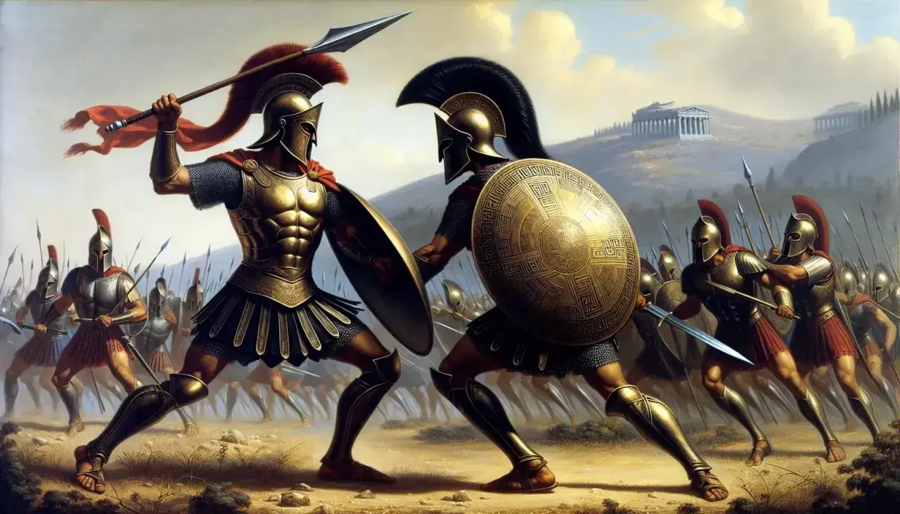 Ettore e Patroclo si affrontano in battaglia, circondati da guerrieri. Le armature dorate brillano sotto il cielo nuvoloso, mentre le lance e gli scudi si preparano allo scontro.