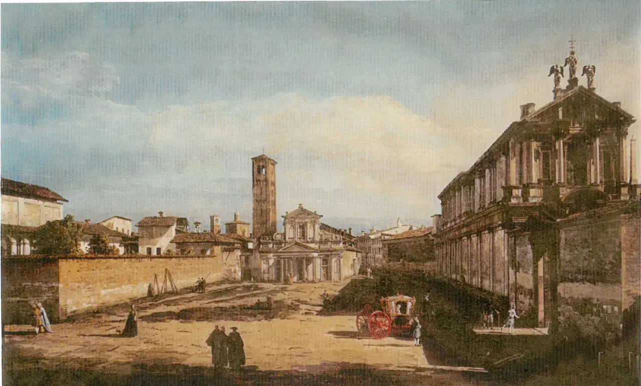 Veduta di San Paolo Converso a Milano, con la chiesa, il campanile e una carrozza d'epoca.