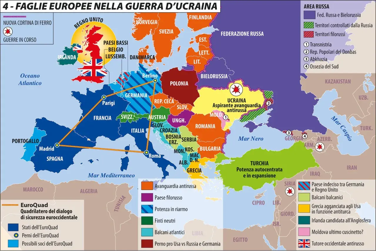 Mappa Europa: la "nuova cortina di ferro" e le faglie geopolitiche. Il revanscismo significato si riflette nelle aree di influenza.