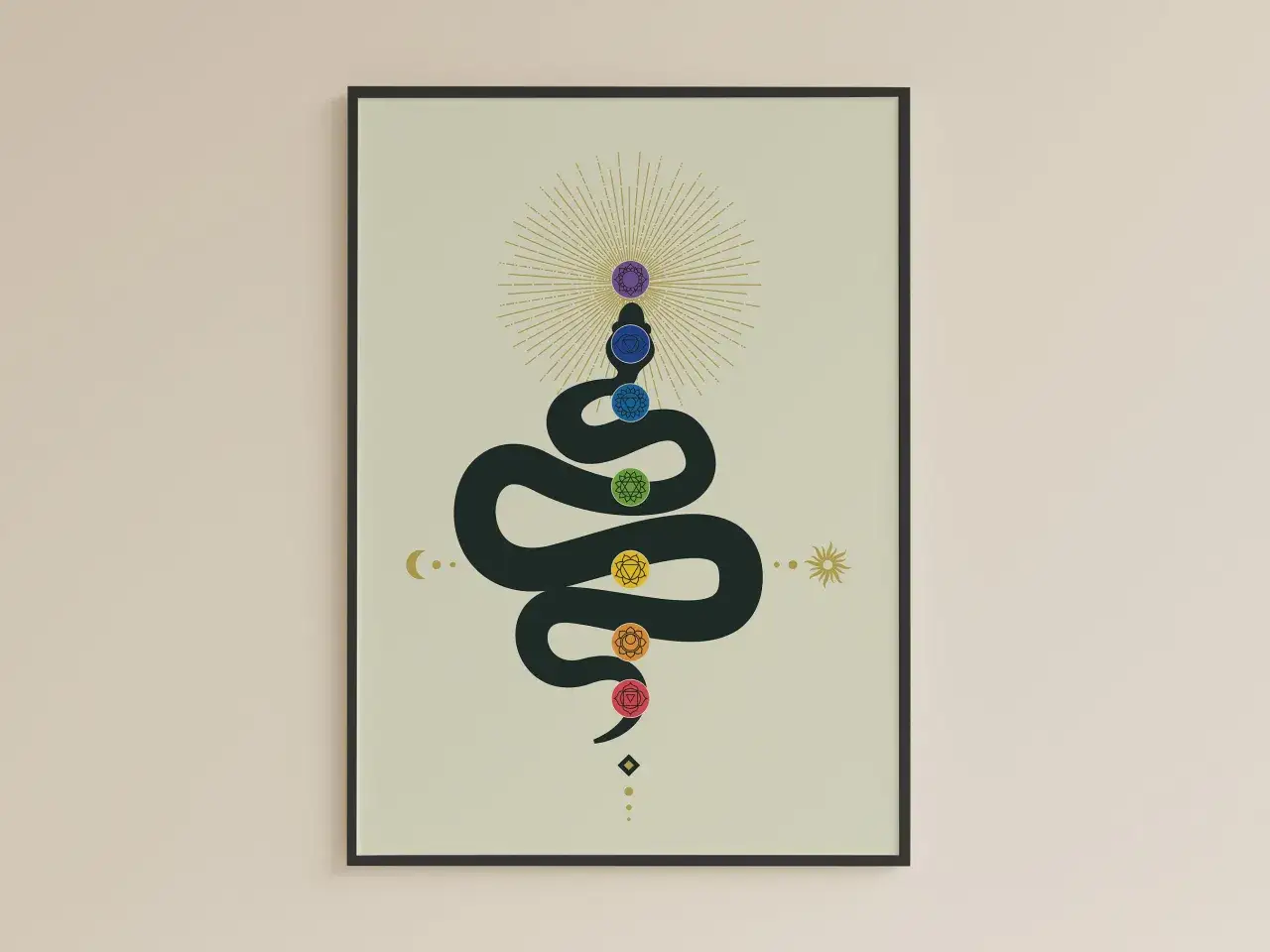 Serpente stilizzato con sette chakra colorati lungo la spina dorsale, che simboleggia il kundalini significato e l'energia spirituale.