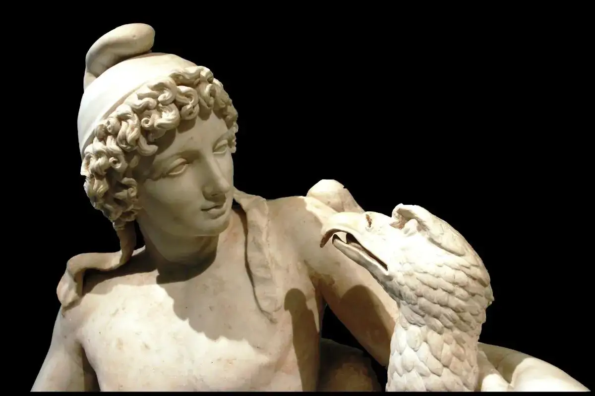 Zeus, in forma d'aquila, rapisce il bellissimo Ganimede, destinato a diventare coppiere degli dei.