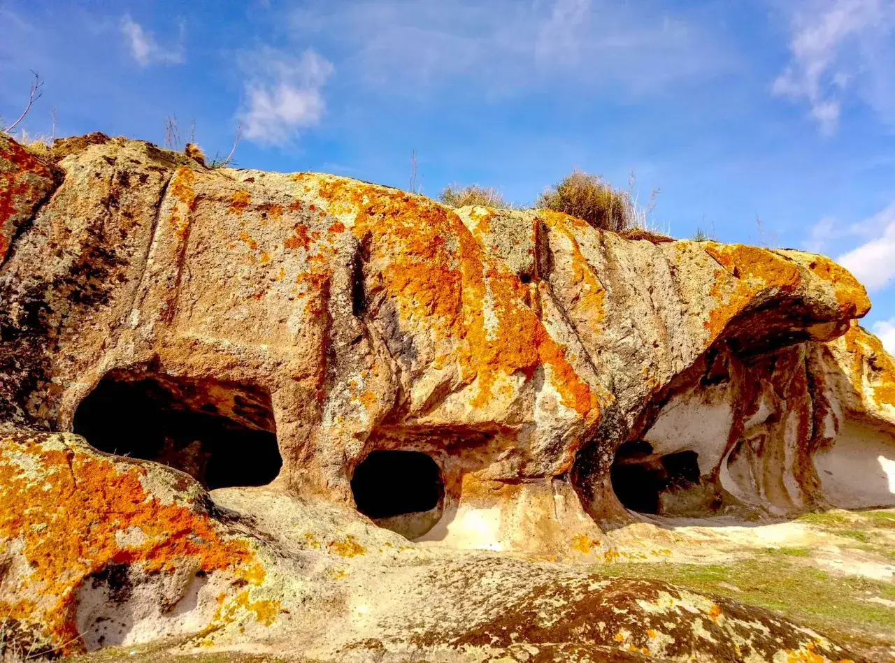 Antiche domus de janas scavate nella roccia, con licheni arancioni che le adornano sotto un cielo azzurro.