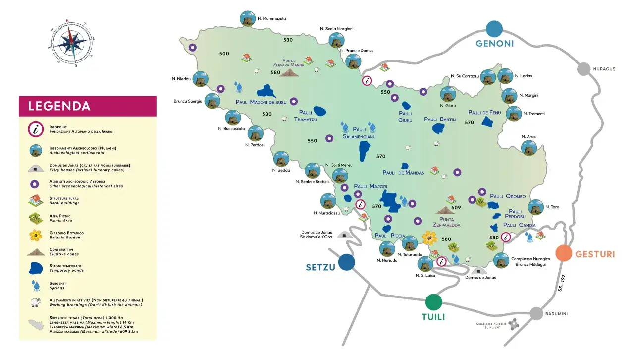 Mappa dell'altopiano della Giara, con siti archeologici, nuraghi, domus de janas e punti d'interesse. Il significato della Giara &egrave; la sua ricchezza storica.