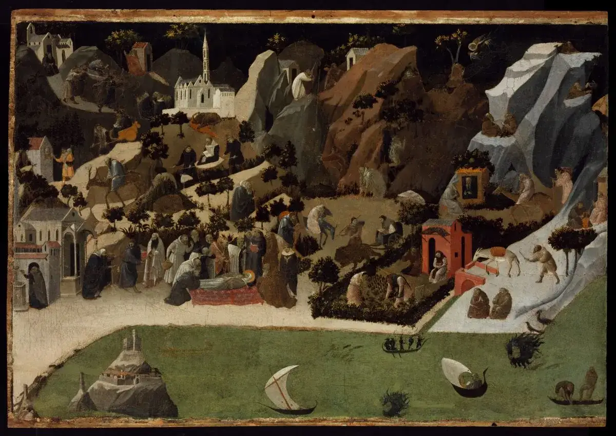 Scene con monaci, uno malato, in un paesaggio roccioso. L'accidia sinonimo di pigrizia, si percepisce in alcune figure inerti.