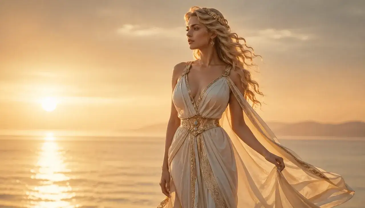Una dea della seduzione con lunghi capelli biondi, vestita con una tunica dorata, guarda l'orizzonte al tramonto.