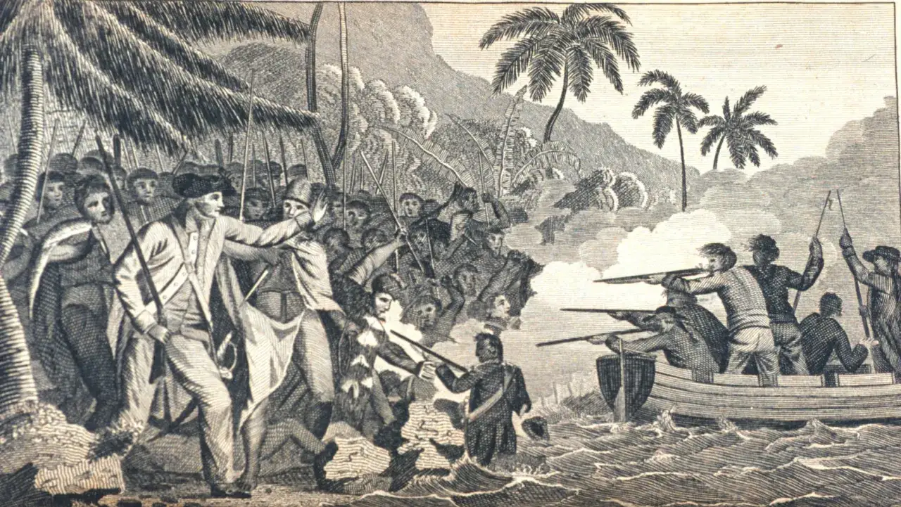 Illustrazione drammatica della morte di James Cook, con soldati che sparano e nativi in un'isola tropicale.