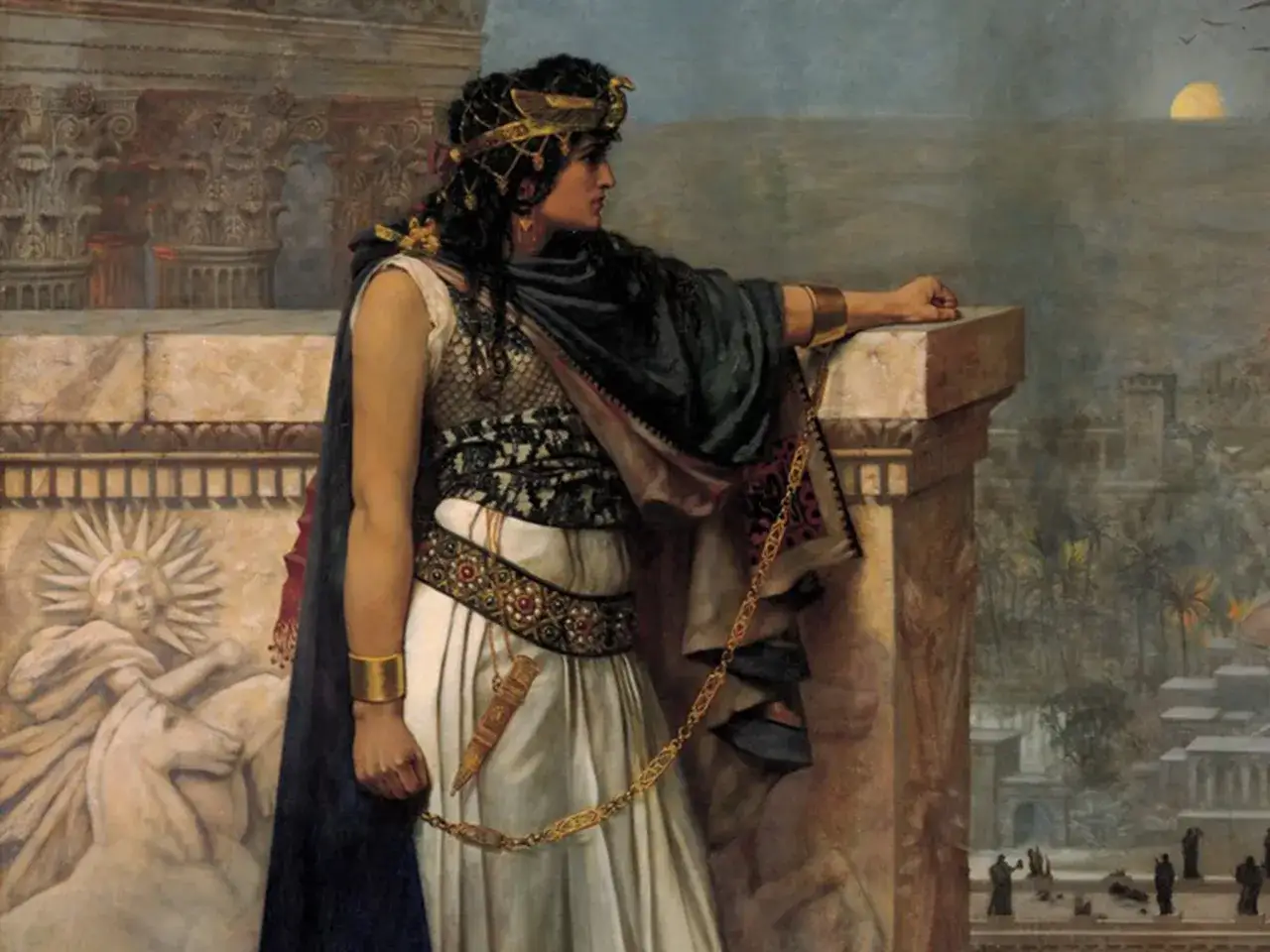 Zenobia regina di Palmira, fiera e regale, osserva il suo impero al tramonto.