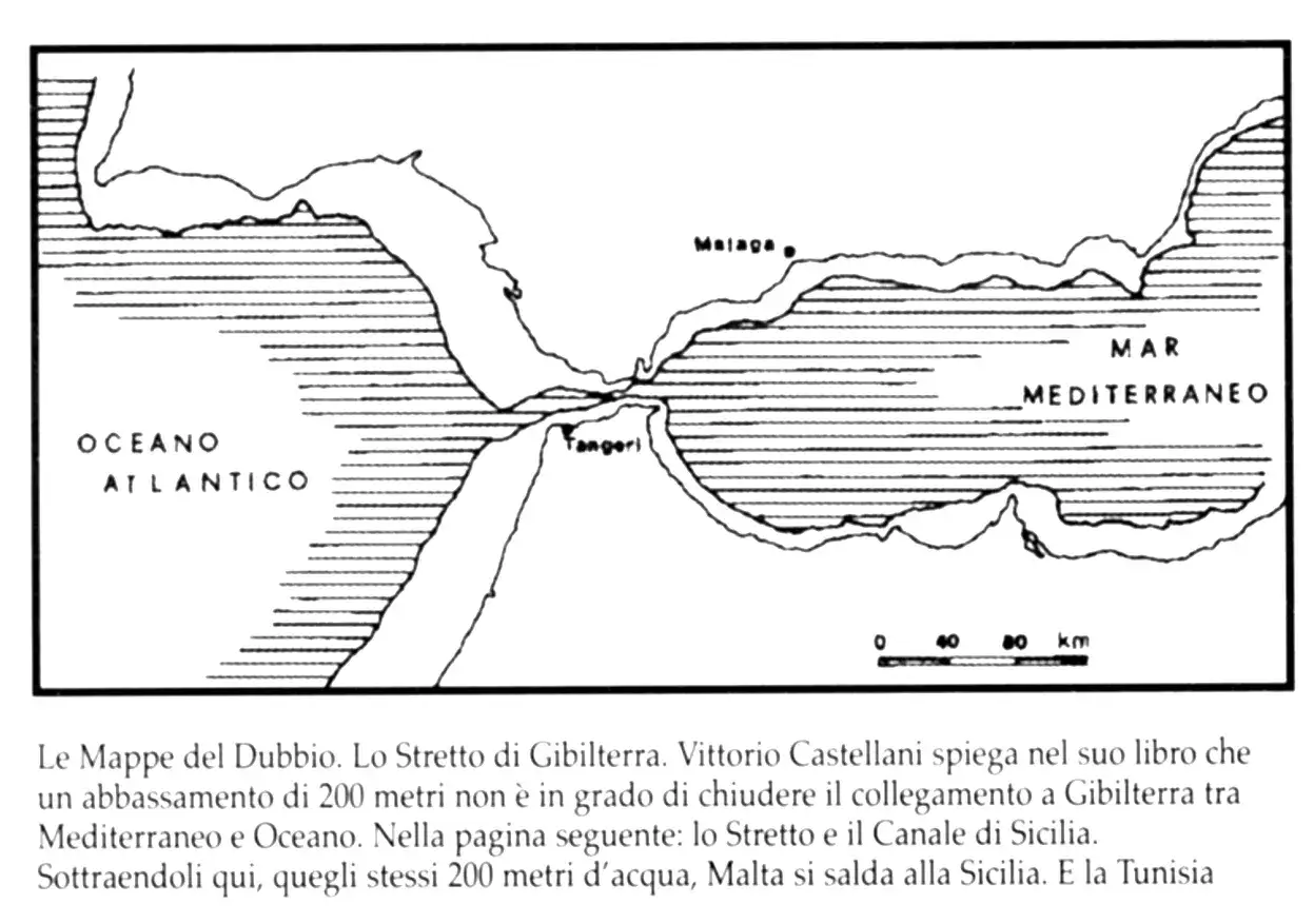 Mappa dello Stretto di Gibilterra, che collega Oceano Atlantico e Mar Mediterraneo, le antiche colonne d'Ercole.