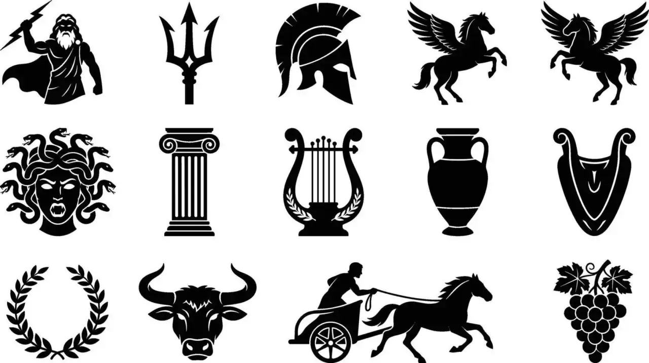 Zeus, tridente, elmo, Pegaso, Medusa, colonna, lira, anfora, corona d'alloro, toro, carro, uva. Simboli greci antichi.