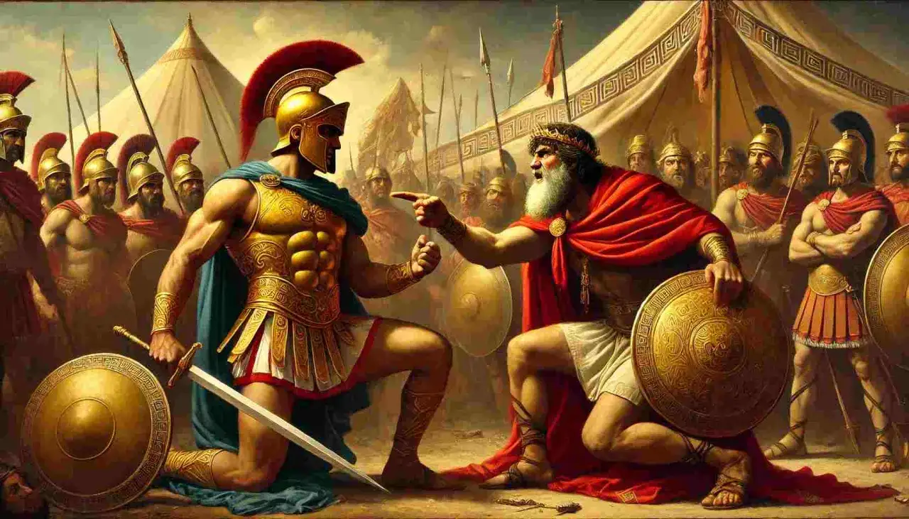 Achille, in armatura dorata, ascolta Agamennone che, con gesto accusatorio, gli predice il futuro. Soldati greci sullo sfondo.