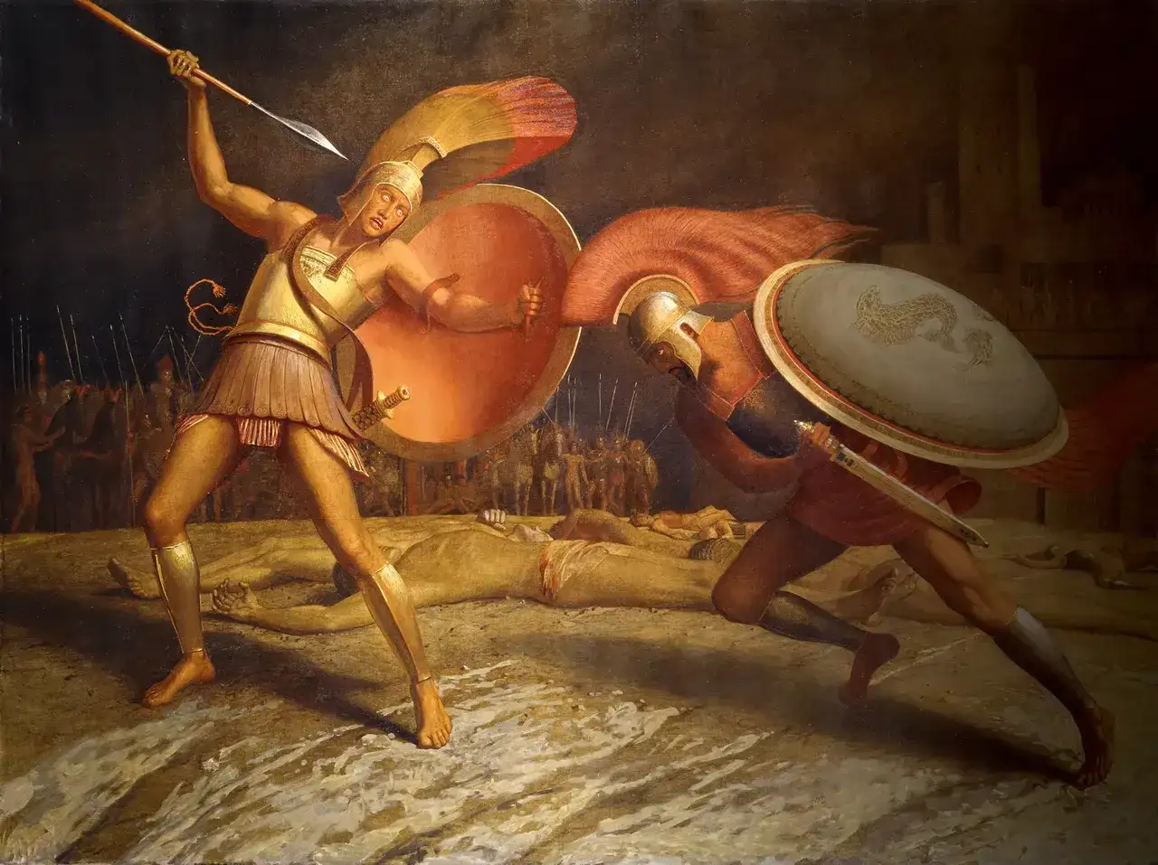 Ettore e Patroclo si affrontano in battaglia, circondati da guerrieri caduti e un esercito sullo sfondo.