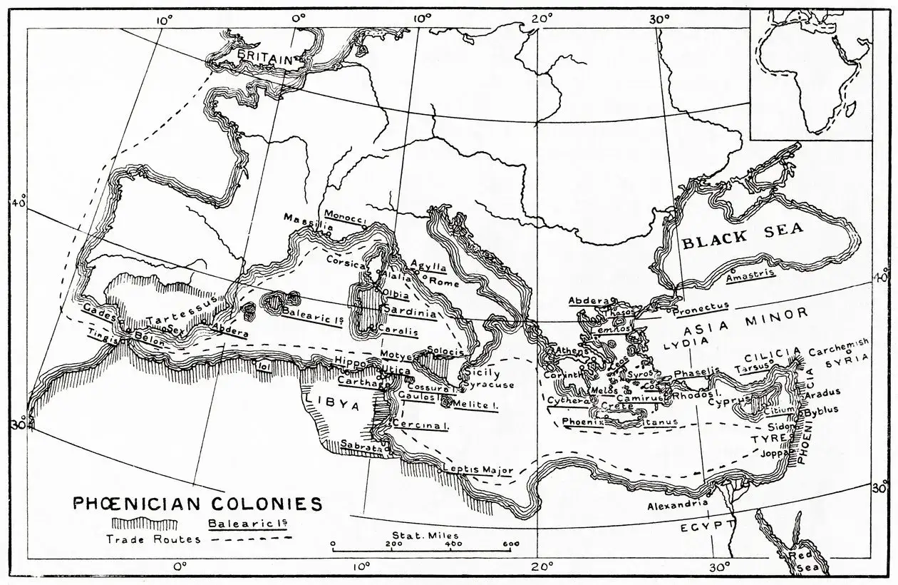 Mappa delle colonie fenicie e delle rotte commerciali nel Mediterraneo, che illustra l'organizzazione sociale dei Fenici attraverso la loro espansione marittima.