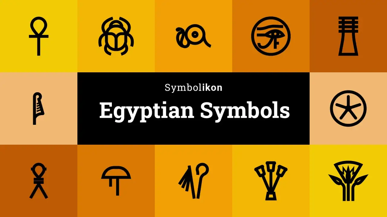 Simboli egizi: ankh, scarabeo, occhio di Horus, e altri, che compongono i nomi degli antichi faraoni.